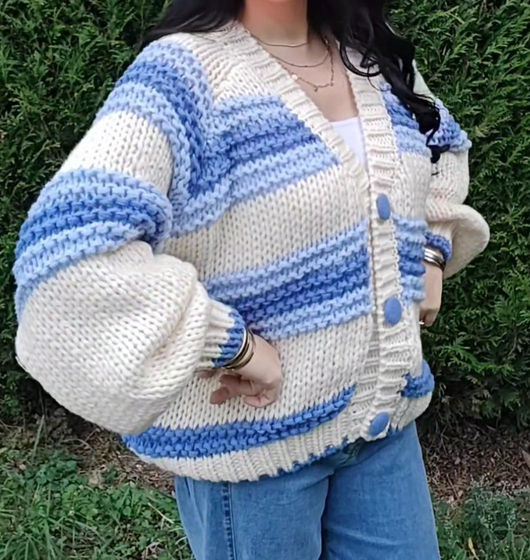 Gilet grosse maille beige et bleu