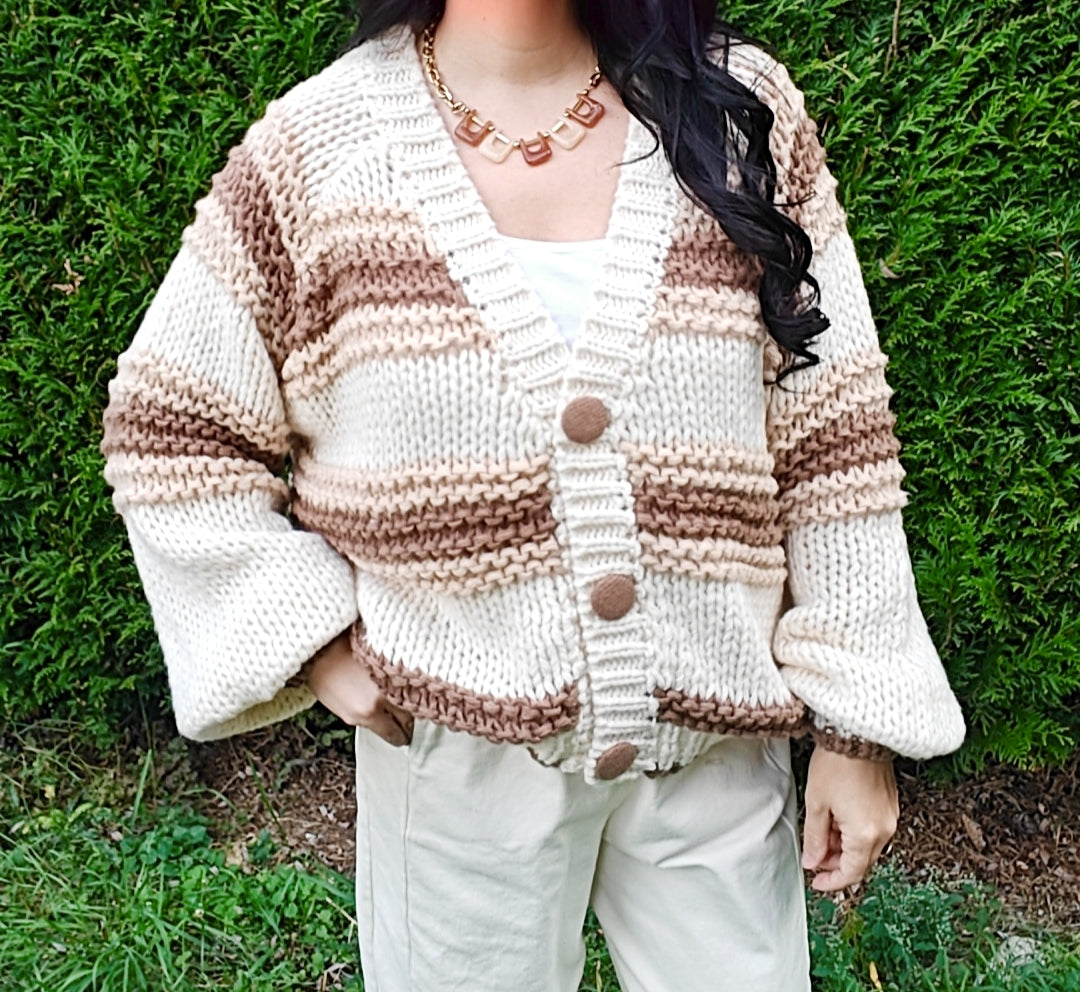 Gilet grosse maille beige et marron